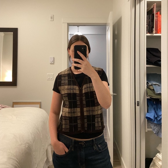 Wool Brown Plaid Vest - Picture 2 of 6